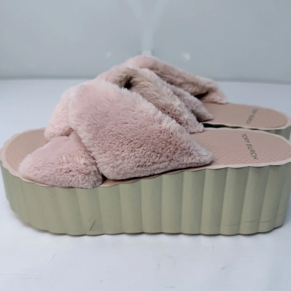 Tory Burch Womens Pink Faux Fur Platform Slides Rose Gold Sole Size 7
